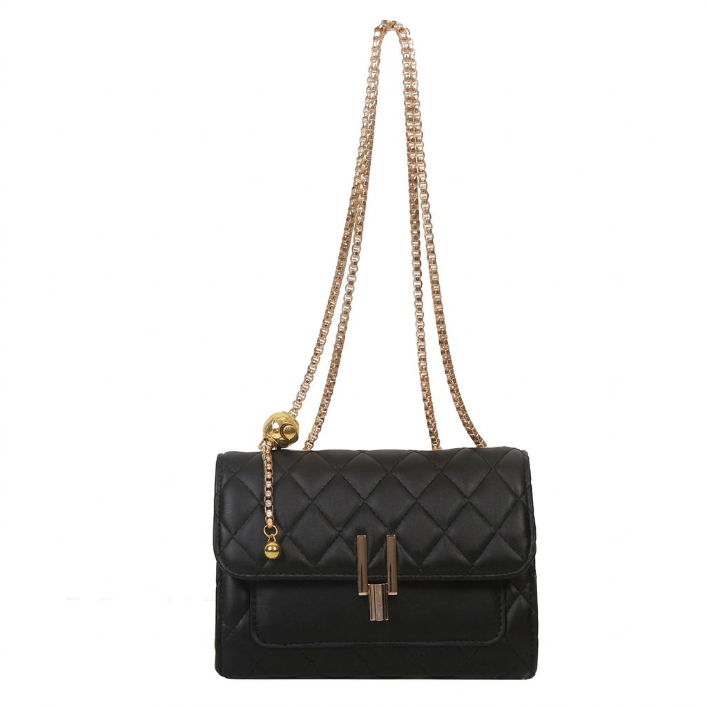 Black quilted shoulder bag with gold chain strap, centered on a white background