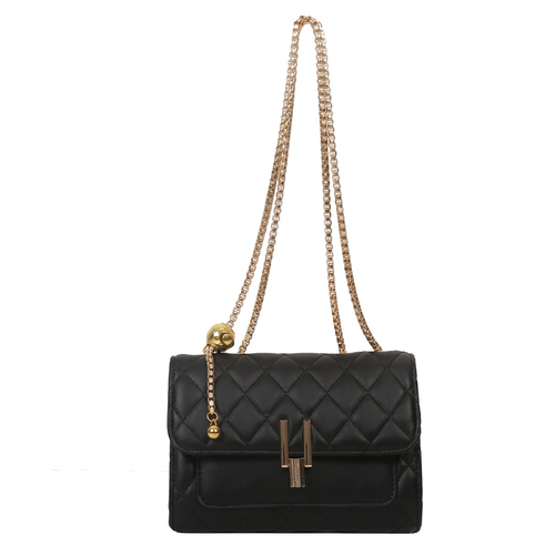 Black quilted shoulder bag with gold chain strap, centered on a white background